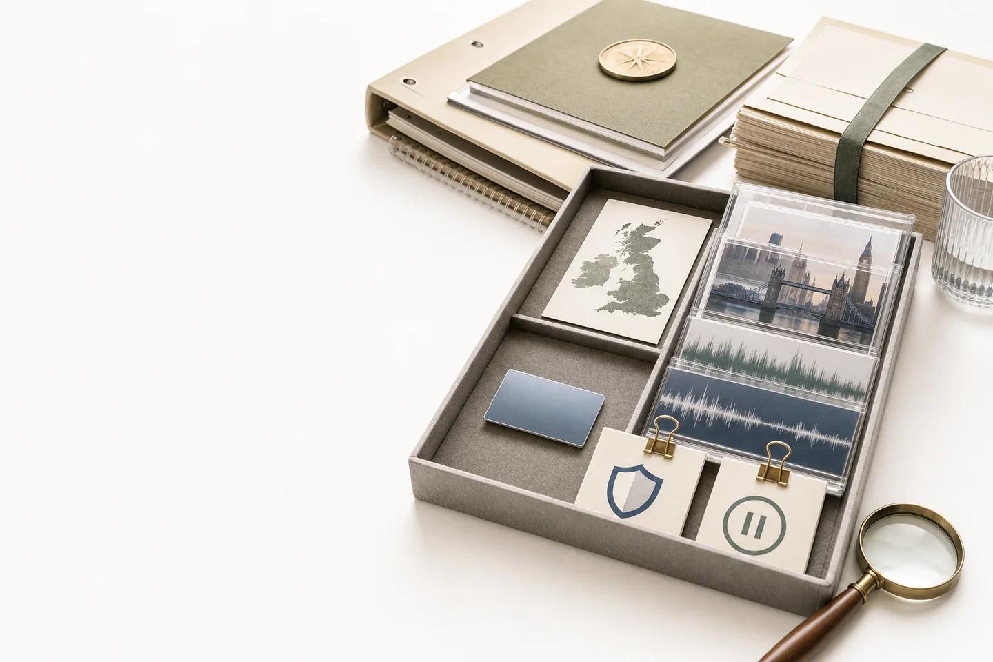 A tray holding a small map of the British Isles, a city photo, an audio waveform card, a shield icon and a pause icon, beside binders and a magnifying glass.