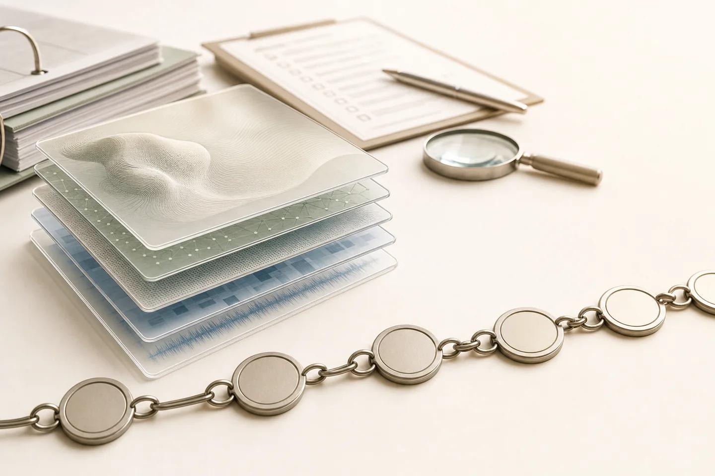 Verification objects arranged on a white surface, representing audit evidence and model governance for deepfake detection.