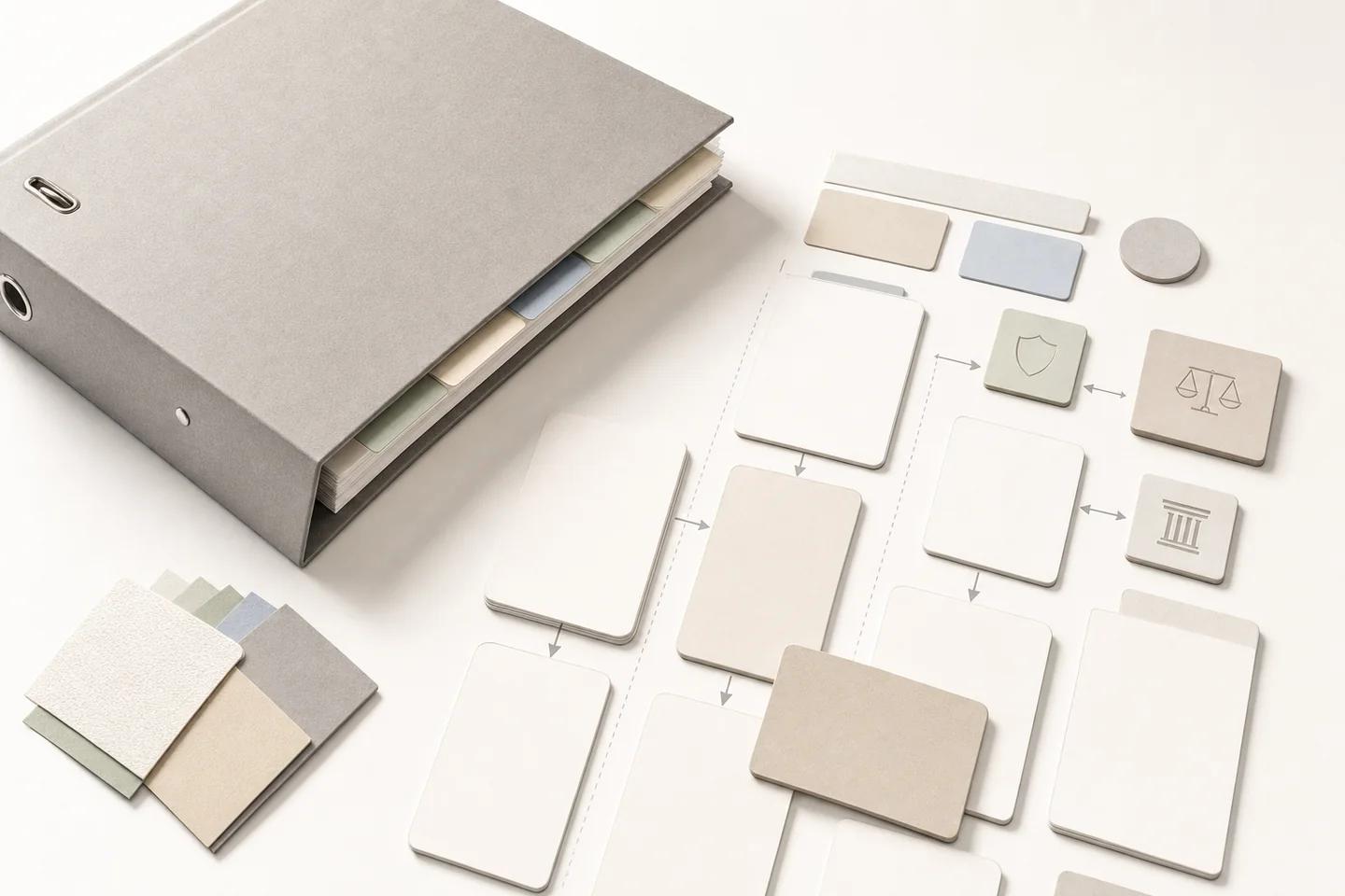 Still life of documents and verification objects on a white surface, representing a forensic report prepared for review.