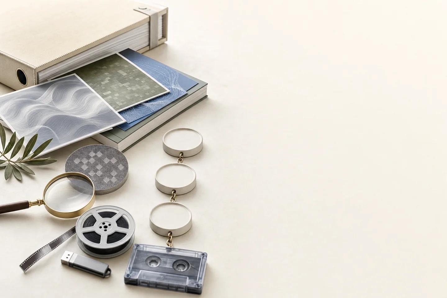 Still life of documents and verification objects on a white surface, representing an enterprise register of US deepfake laws.