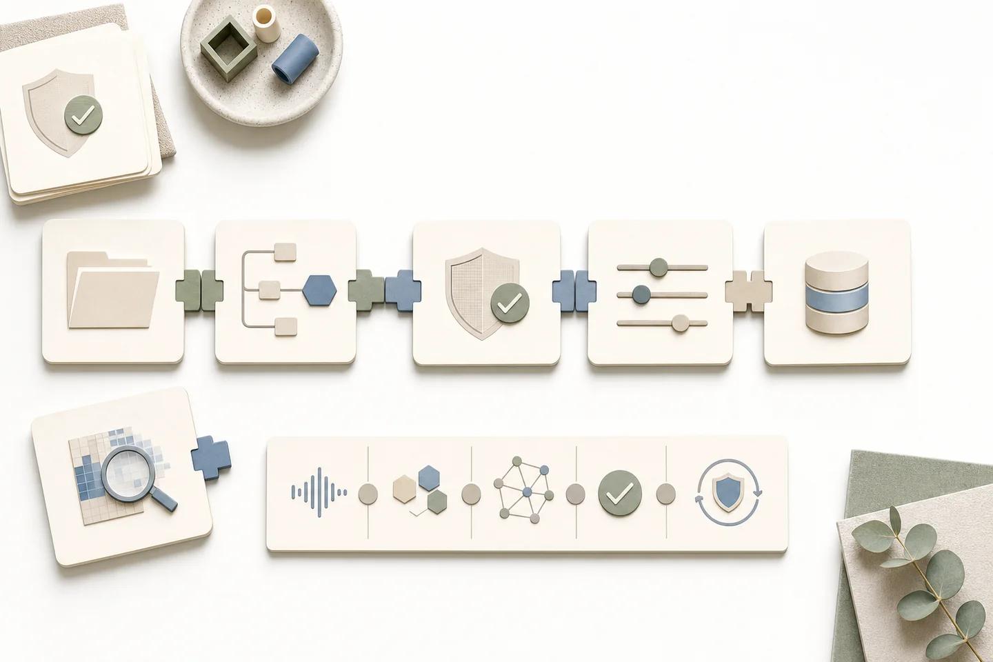 Row of tiles showing a folder, a flow diagram, a shield, sliders and a database connected in sequence, with an audio waveform strip below.