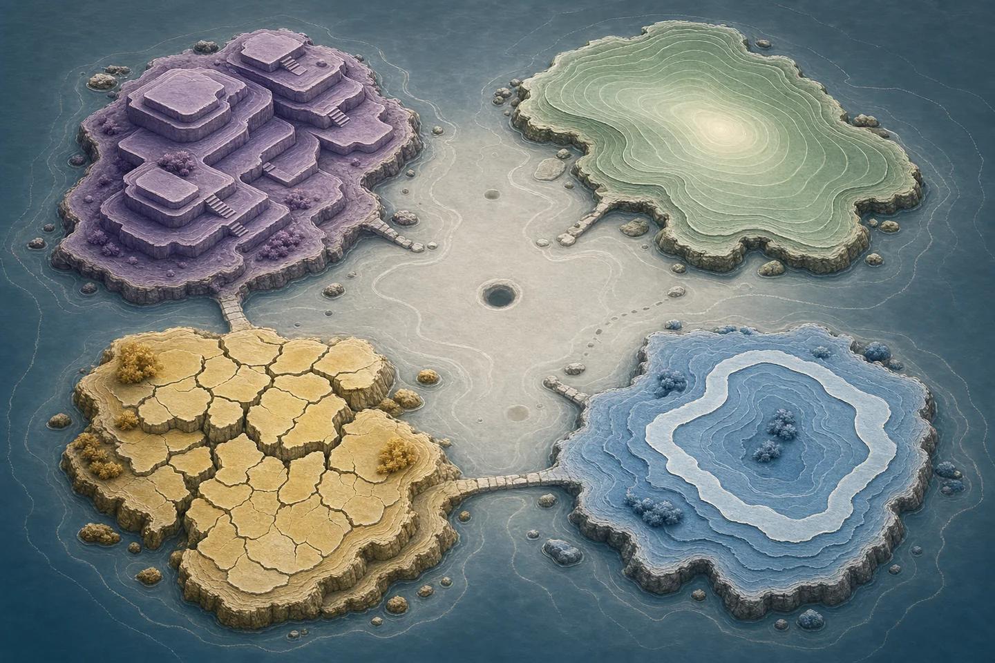 Four separate island terrains in purple, green, yellow and blue around a central hole, joined by narrow paths.