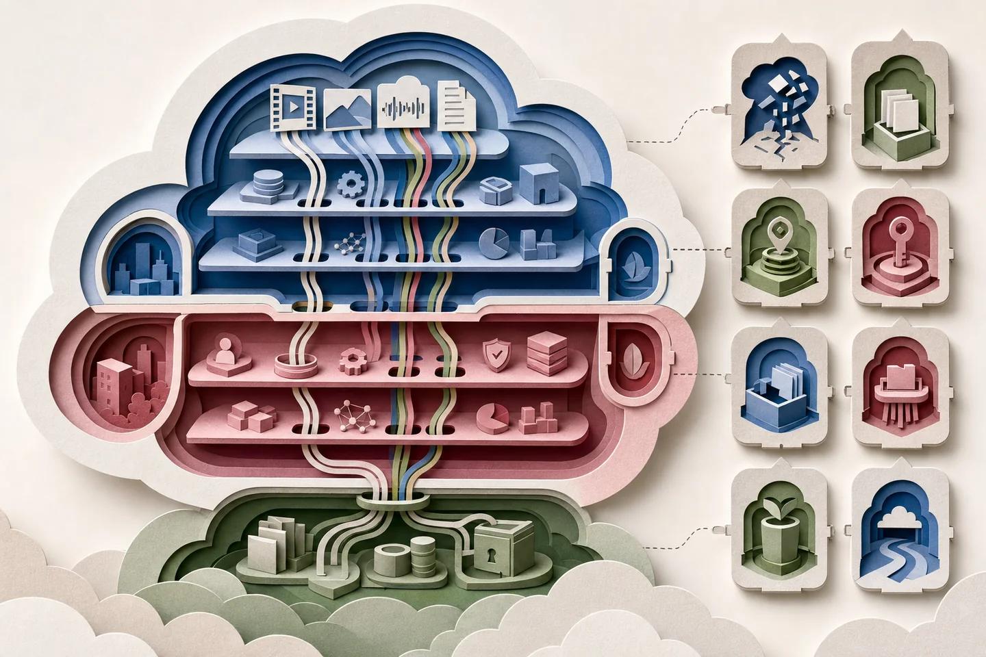 Layered customer and provider responsibility zones trace media, derivatives, telemetry, support data, backups and exit controls.