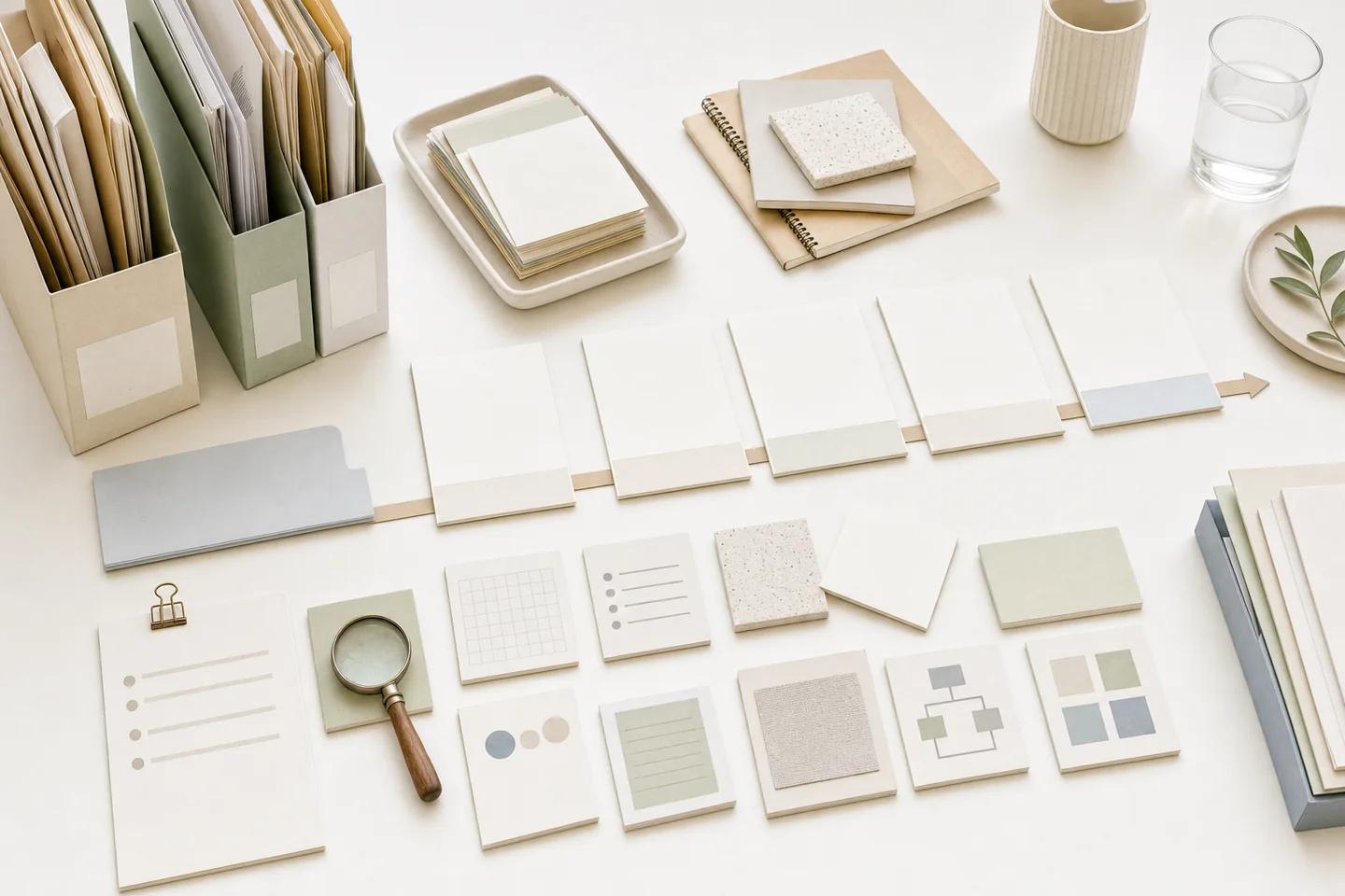 Magazine files, a row of cards along an arrow and a grid of tiles with checklists and a flowchart beside a magnifying glass.