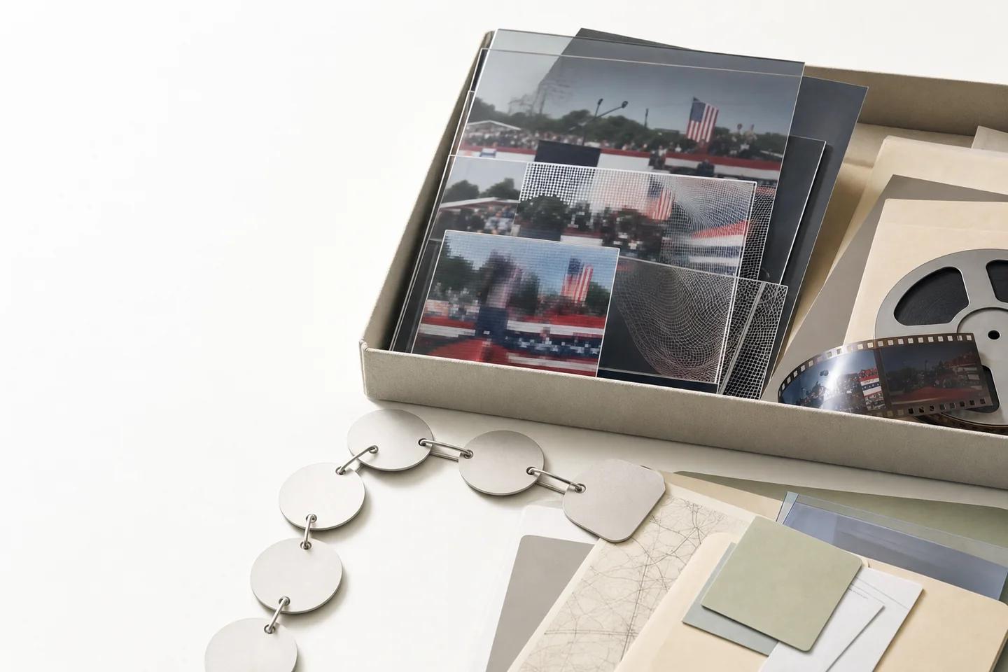 A box of layered rally photos, some pixelated and overlaid with mesh patterns, beside a film reel and a chain of metal discs.