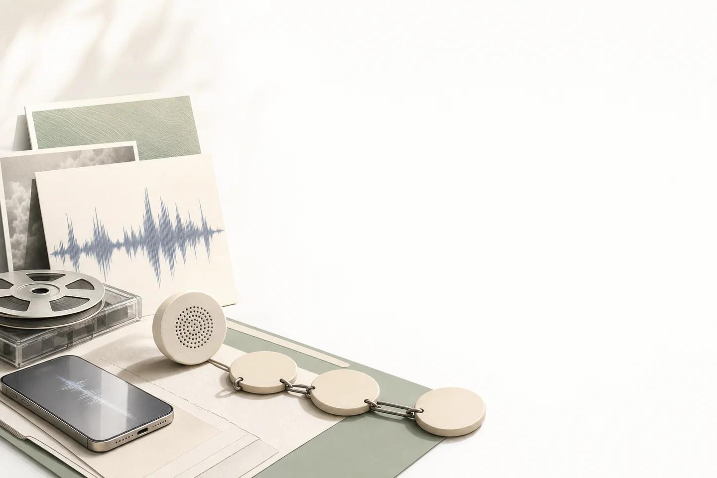 Still life of verification objects on a white surface, representing the investigation of an AI-voice robocall.