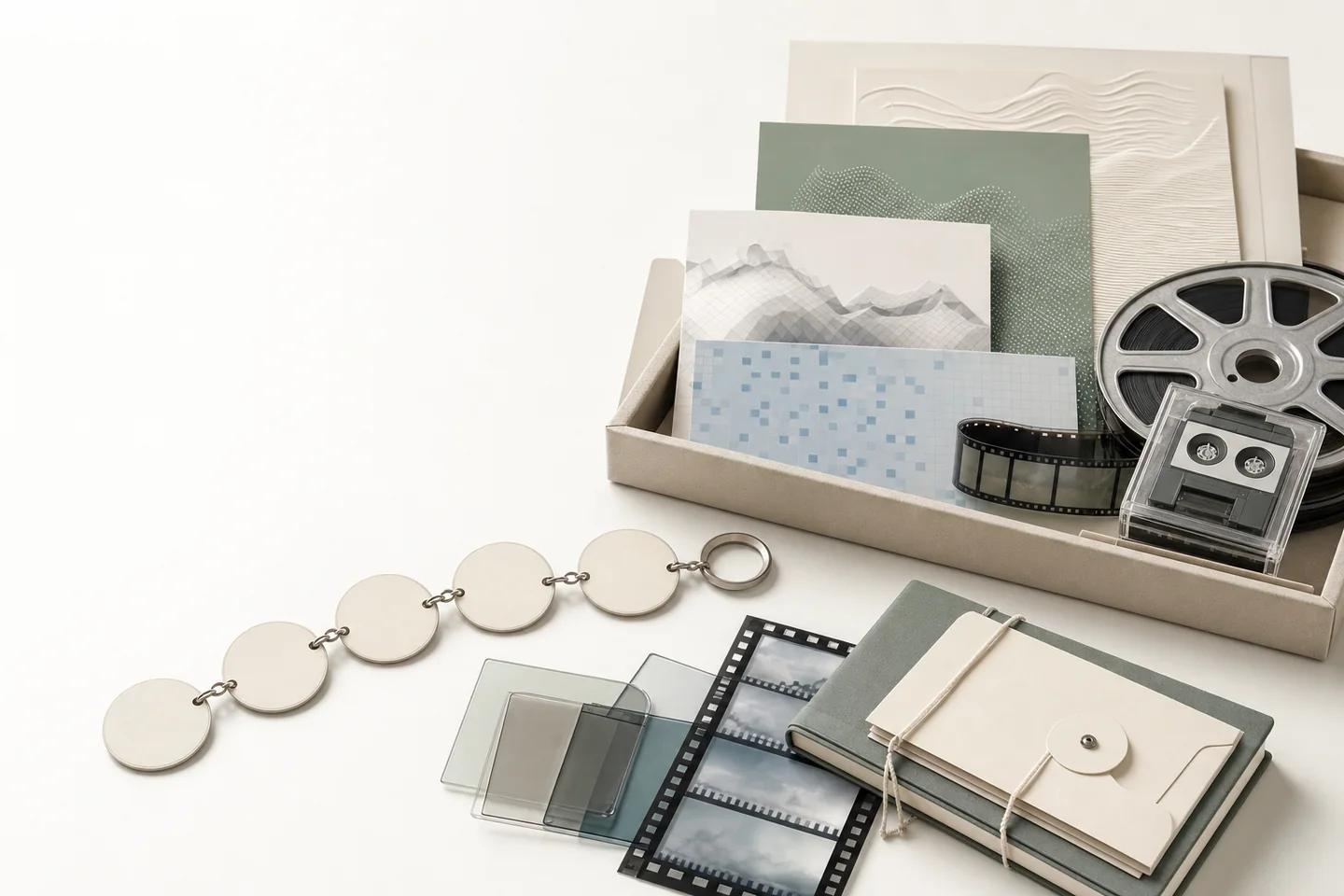 A tray holding photo prints, a film reel, a cassette and a notebook beside a chain of linked discs.