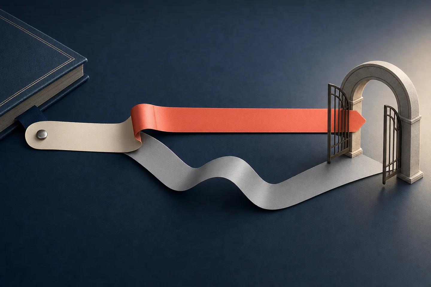 A red paper ribbon runs from a book cover toward an open gate, alongside a longer grey ribbon on a dark blue background.