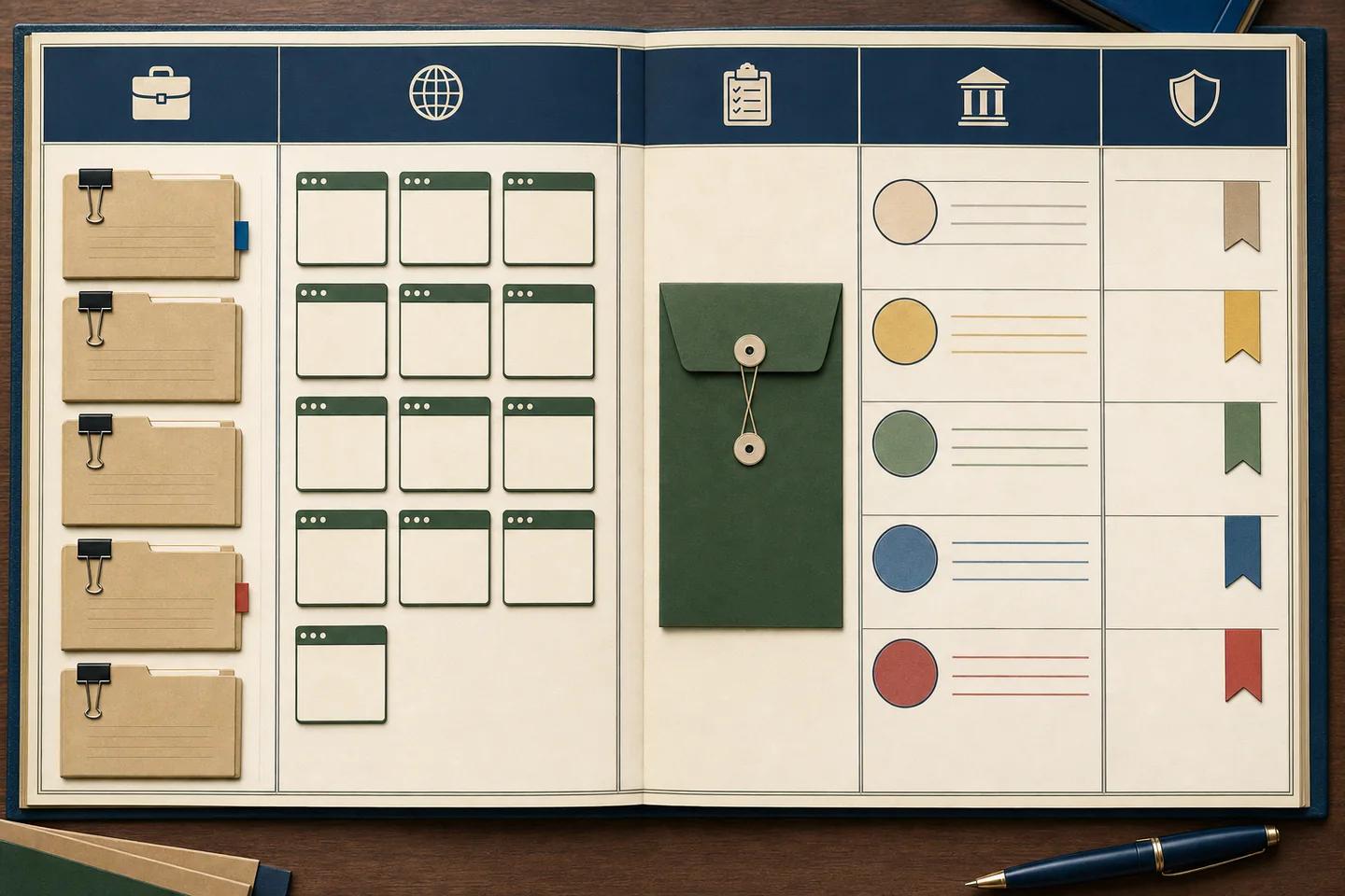 An open ledger with column icons for business, web, documents, government and security, holding folders, window grids, an envelope and coloured status markers.
