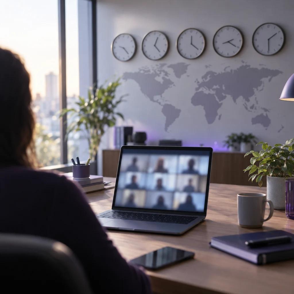 A video call on a laptop in front of a wall of clocks set to different time zones