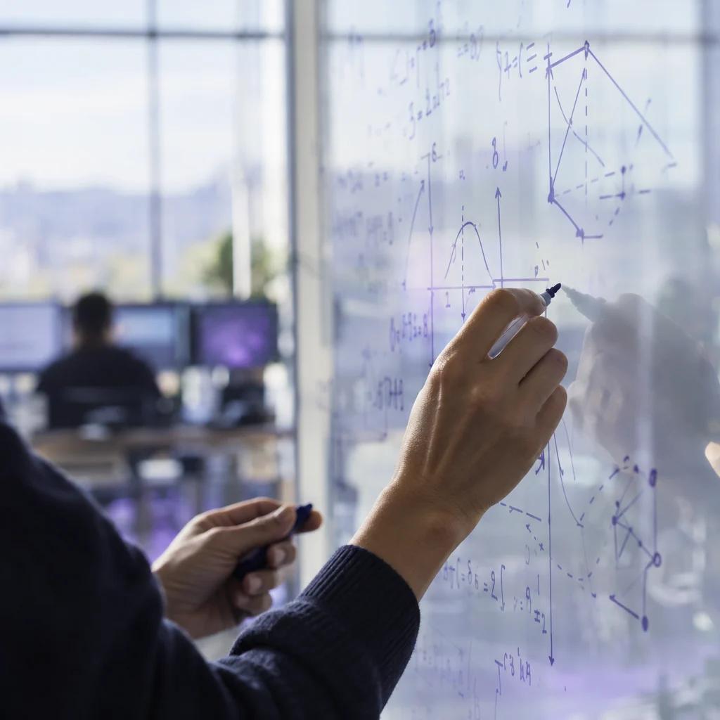 A hand writing equations on a glass whiteboard in a bright research space