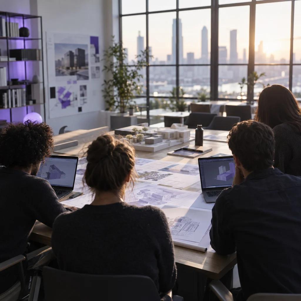 A small team seen from behind around a table of laptops and printed diagrams