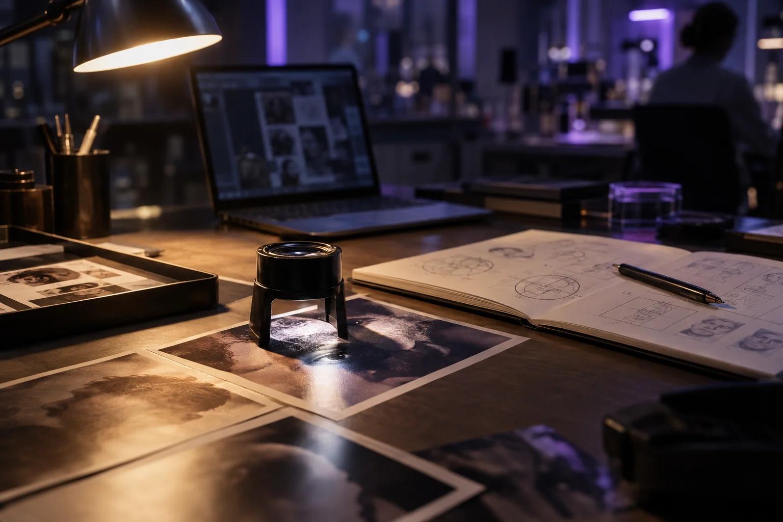 A research desk at night with printed face photographs under a magnifying loupe beside a notebook of diagrams