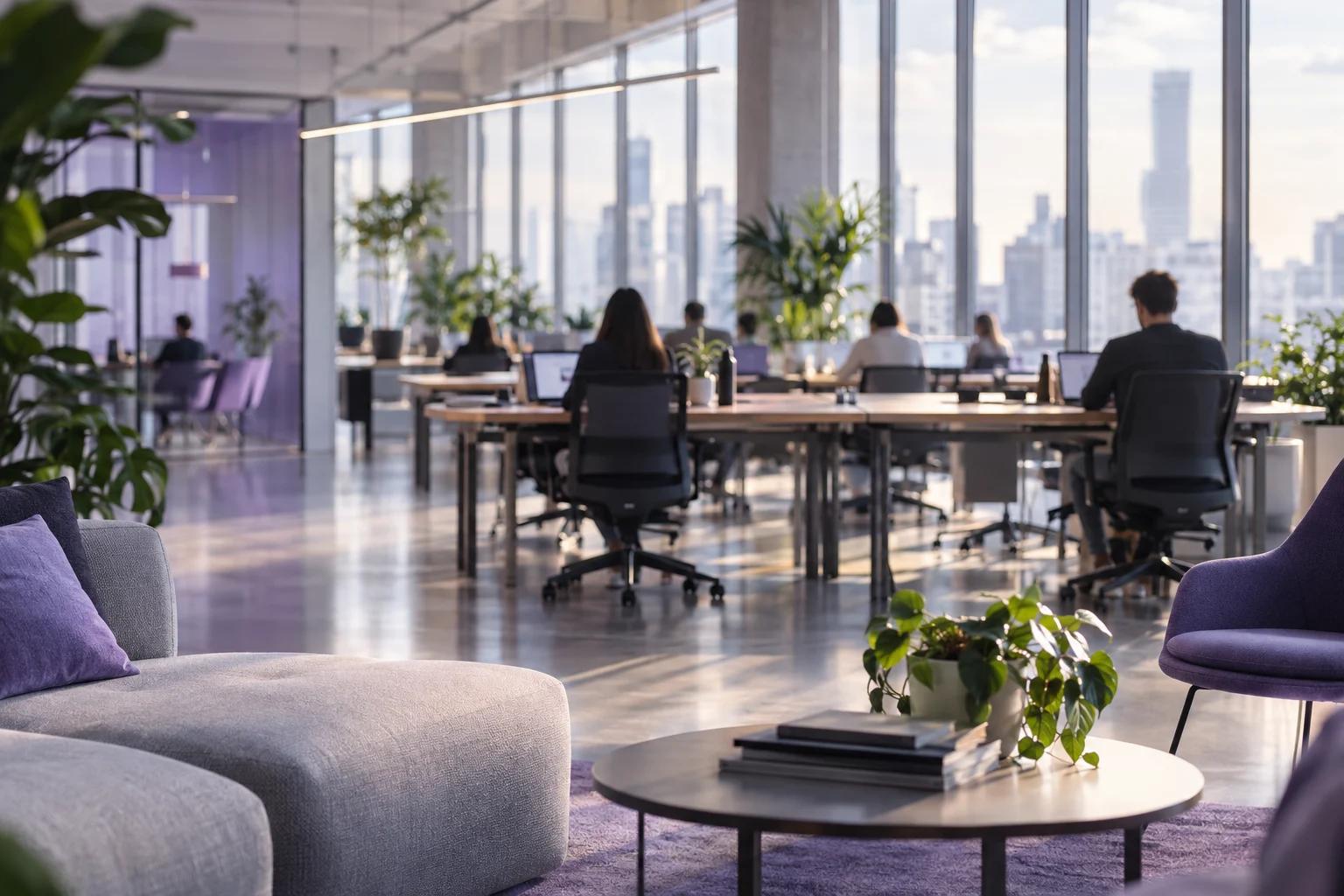 A bright open-plan office with tall windows, plants and long shared desks