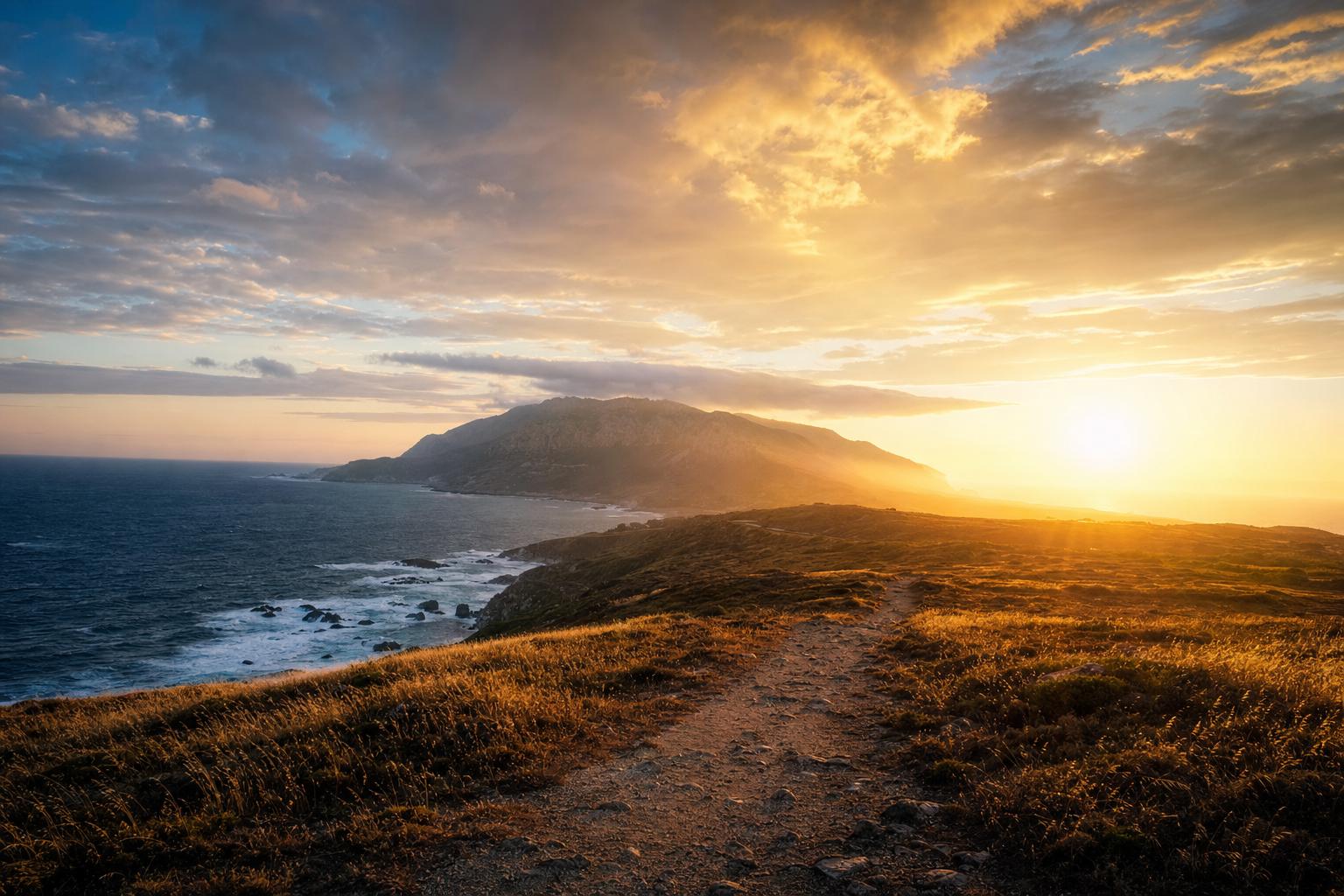 A wide golden-hour horizon with a path leading forward, suggesting the long journey toward a world trust layer