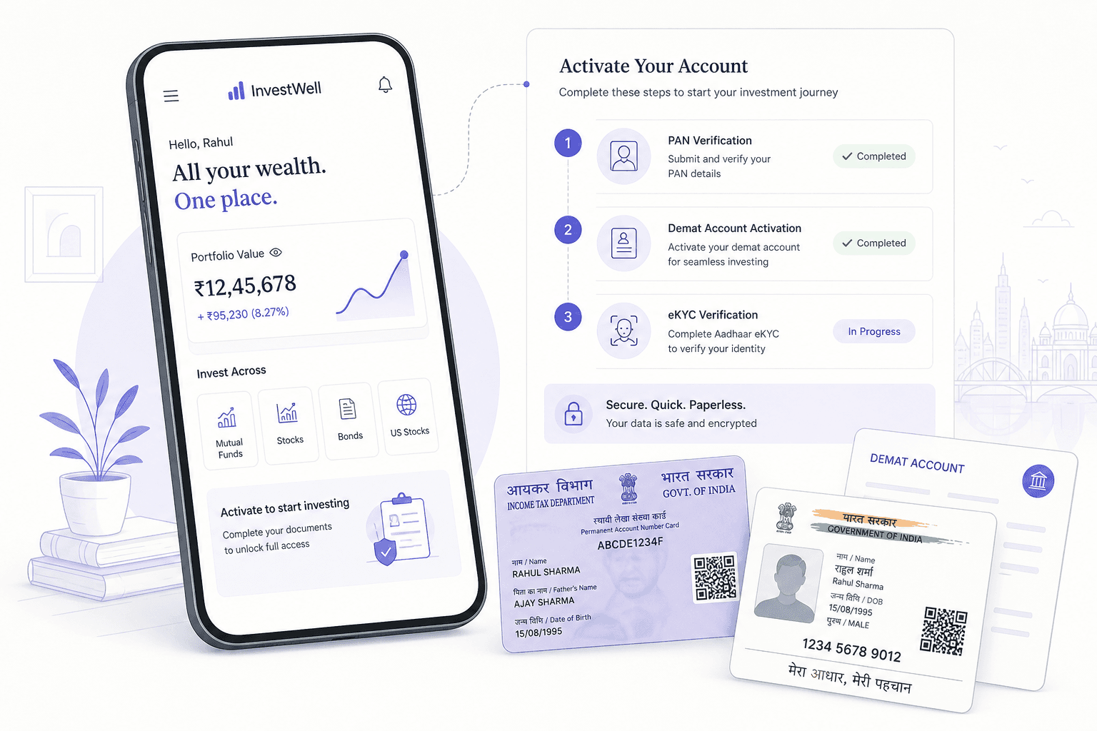 Illustration of a wealth and trading app at the video identity verification step of investor onboarding.