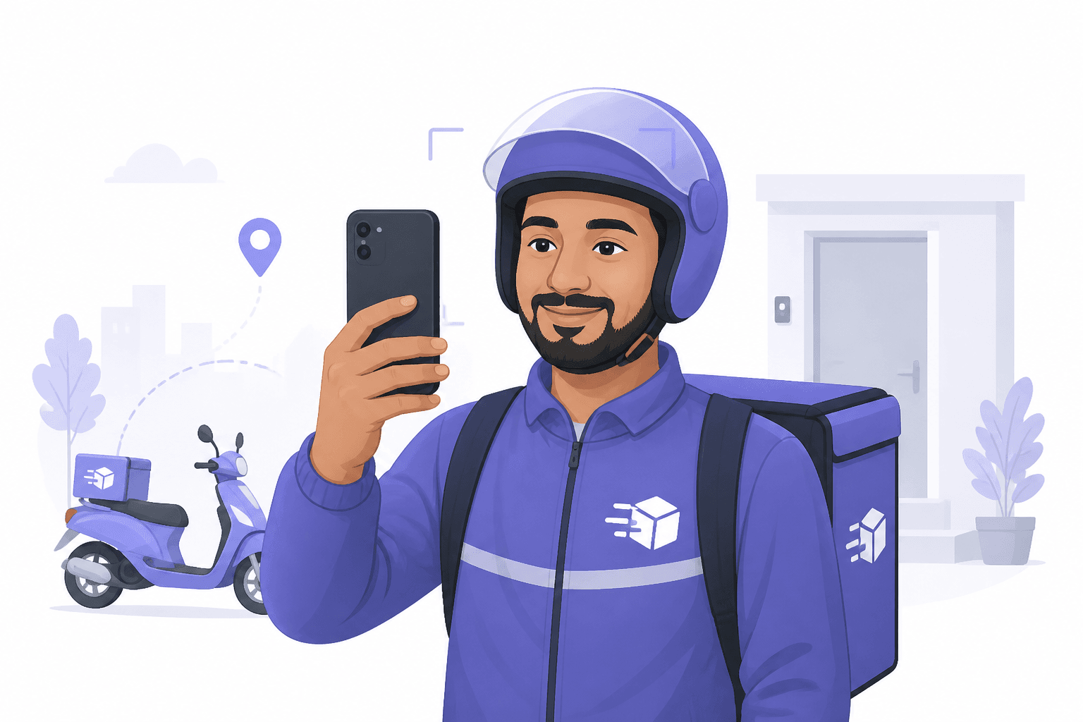 Illustration of a delivery rider completing a selfie capture step on a phone.
