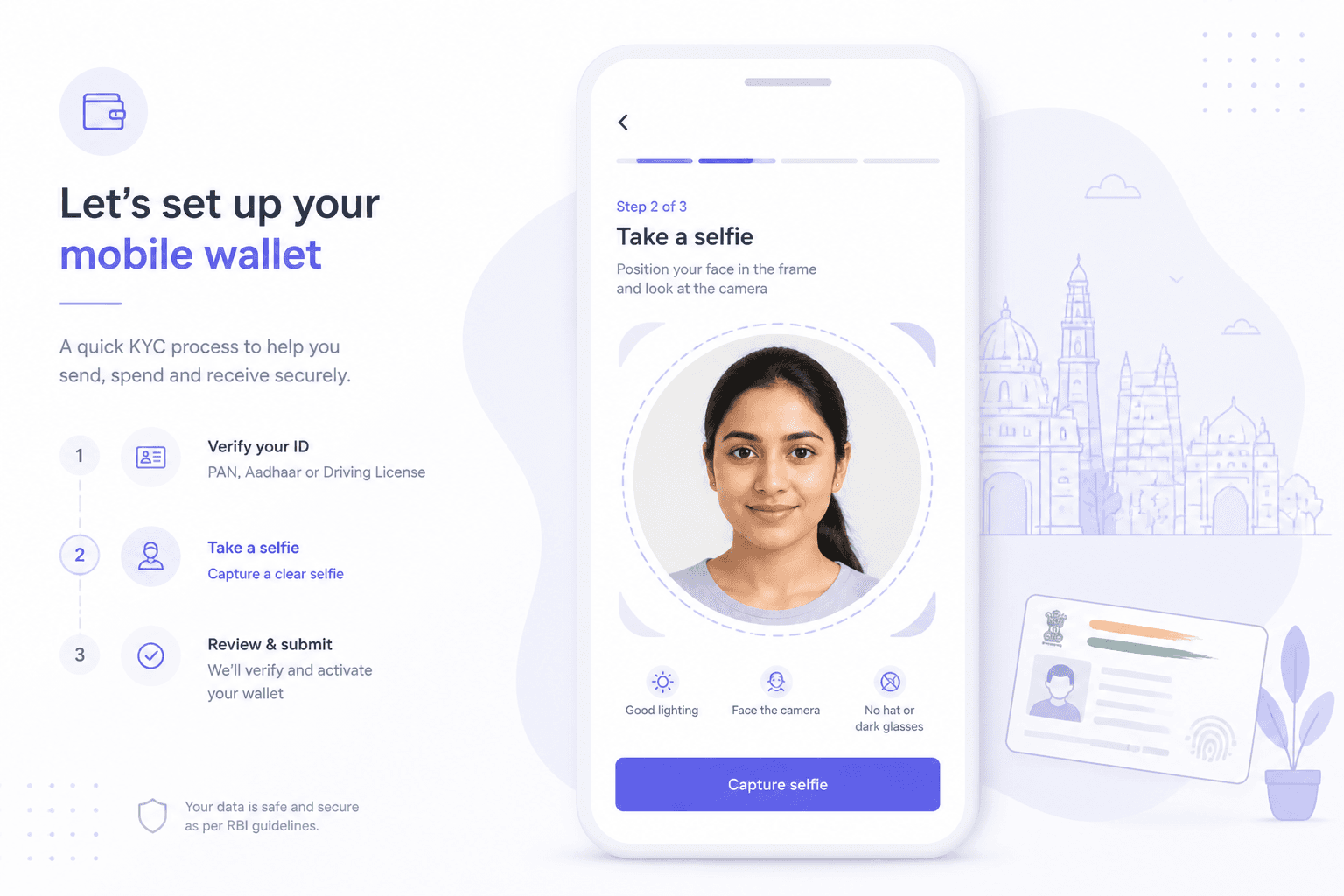 Light editorial illustration of a mobile wallet onboarding screen with a selfie capture step on a light background.