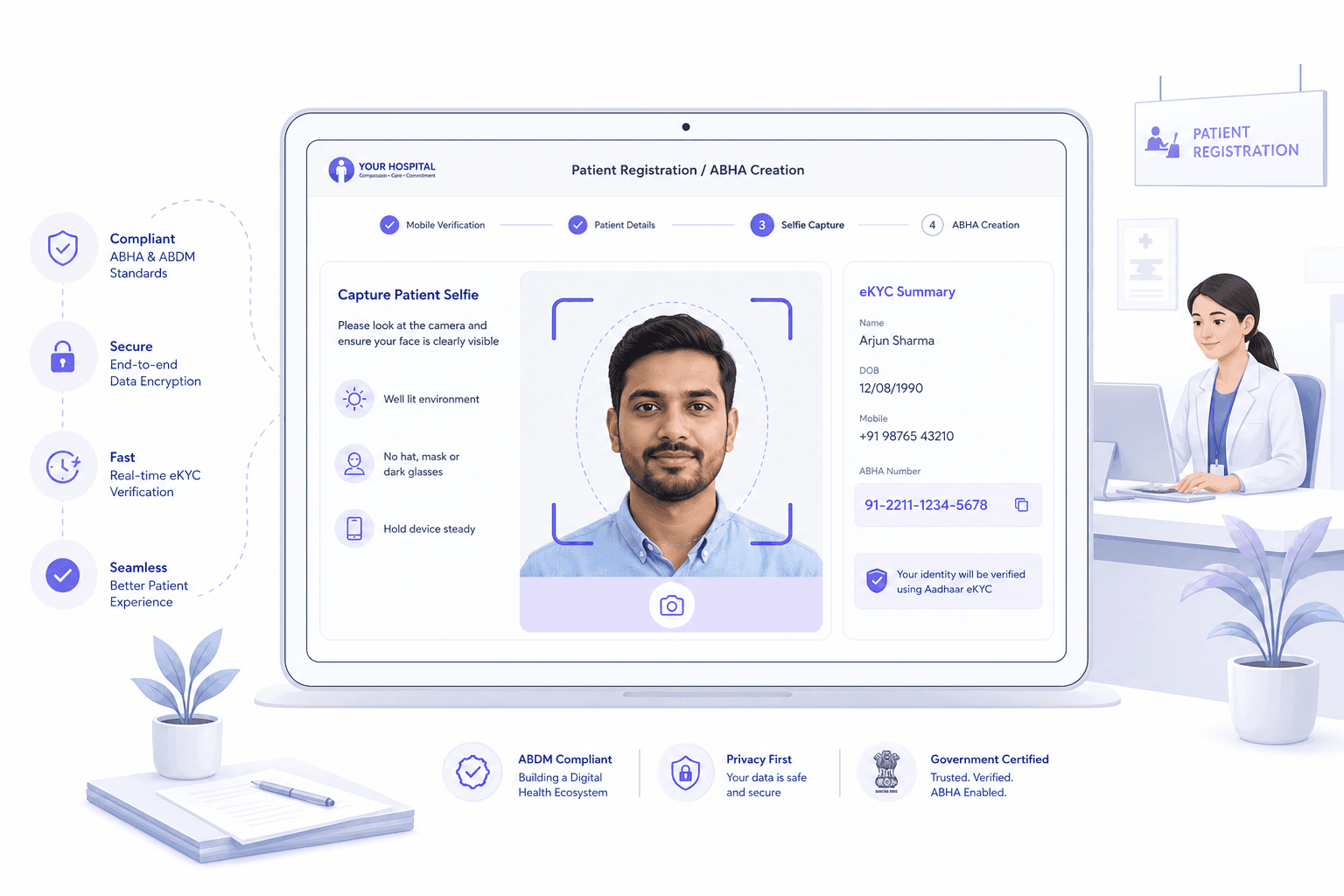 Light editorial illustration of a patient registration screen with a selfie capture step on a light background.