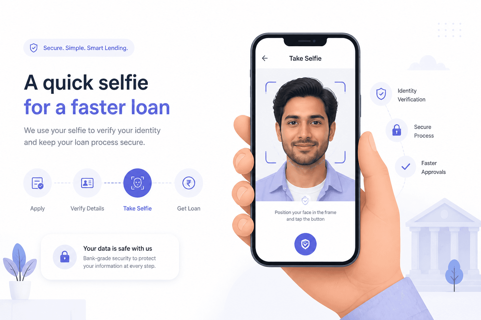 Light editorial illustration of a financial app selfie capture screen, with a generated face and fragmentary identity data in the background.